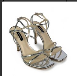NWT Nine West Silver Metallic Strappy Square-Toe Heels