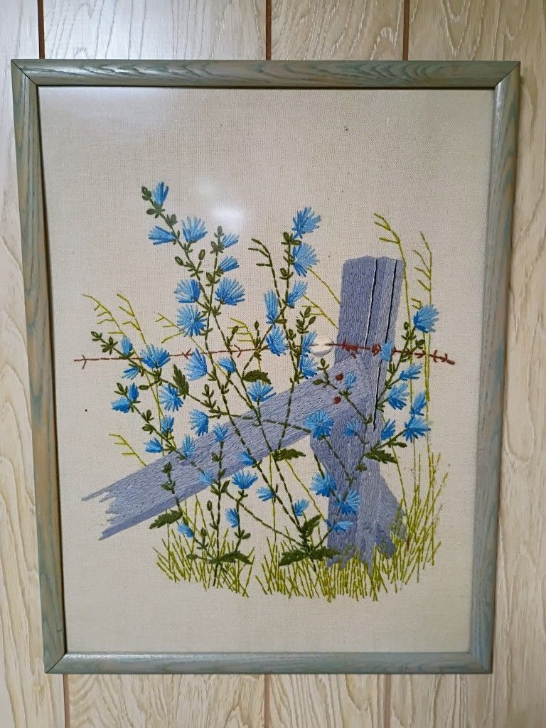 Mid Century Vintage Floral Country Roadside Barbwire Kitsch Framed Crewel Wall Art Framed 