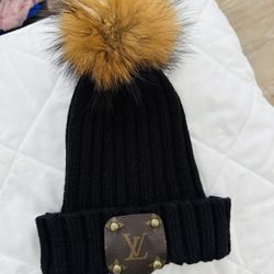 New Black Beanie With Pouf and Authentic Louis Vuitton Patch