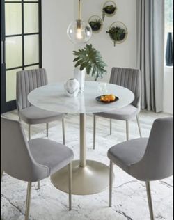 Gorgeous Dining Table Set: Marble Print Glass Top with Velvet Chairs