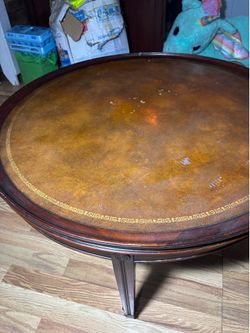 Round Leather Top Coffee Table with Gold Detailing