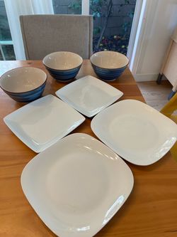 White Square Plates and Blue Striped Bowls Set