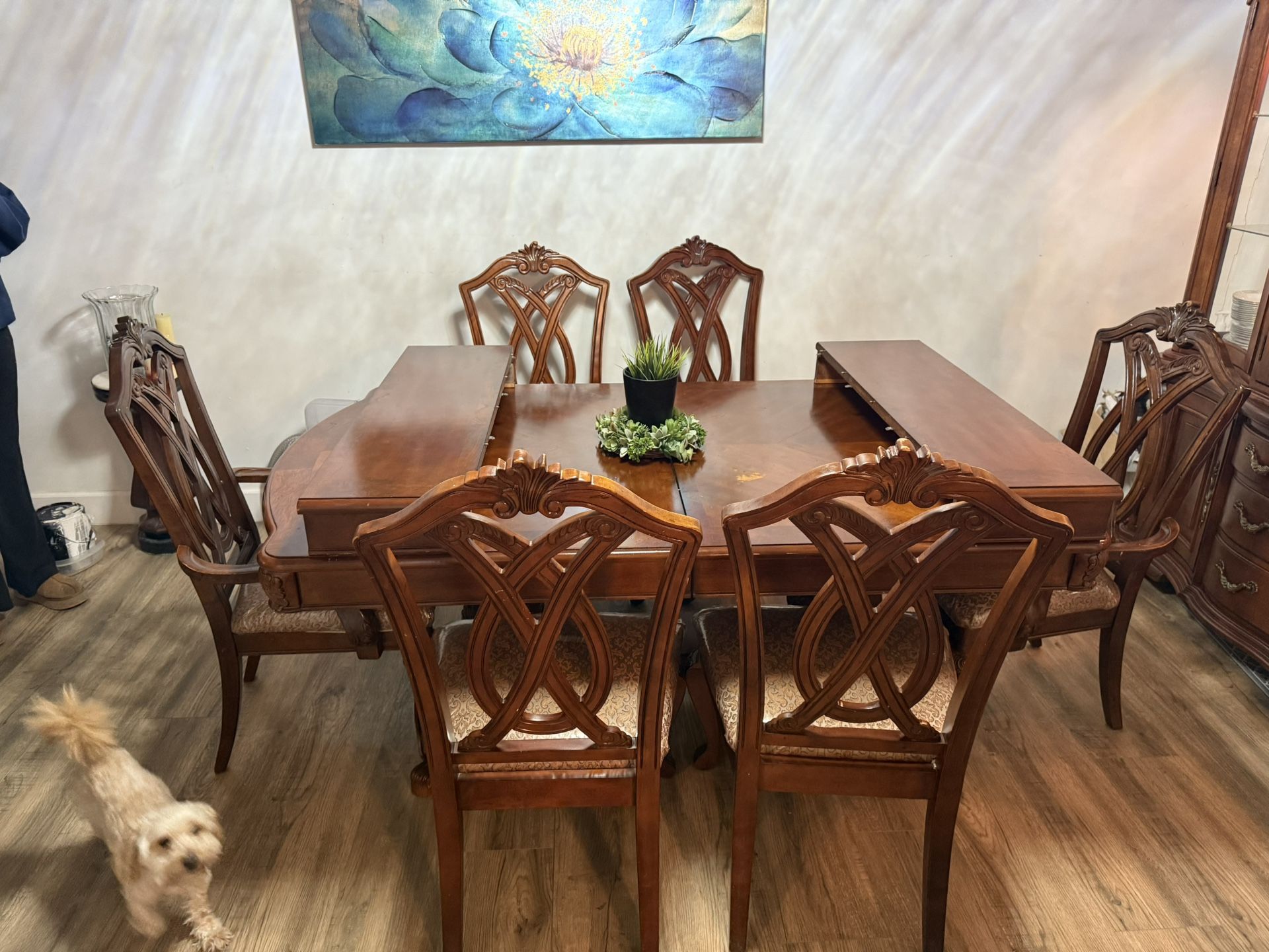 Dining room set, table and 6 chairs, display cabinet with light, all for $450.00.