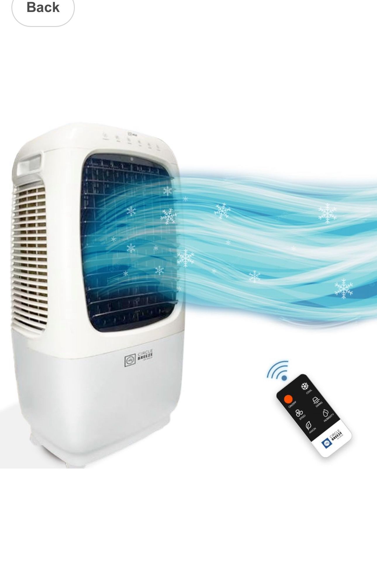 Circle Breeze - Powerful Evaporative Air Cooler Fan/Swamp Cooler - Enjoy Cool Comfort All Summer - 4 Speeds, Air lonizer, Timer, Remote, 8 Gallon Tank