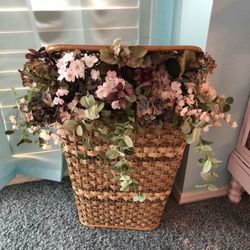 Vintage Wicker Basket With Faux Flower’s, Striped Basket
