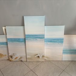 5-Piece Coastal Beach Canvas Wall Art Set – Ocean & Seashell Theme