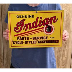 Indian Motorcycle Tin Metal Sign Genuine Parts Service Vintage Motorcycles RARE