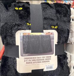 Black Cat Embroidered Faux Fur Throw Blanket