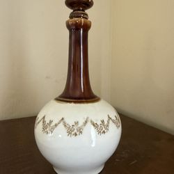 Vintage Milk Glass Decanter w/ Amber Stopper & Gold Vine Design