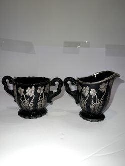 Vintage Black With Silver Etching Sugar Bowl And Creamer