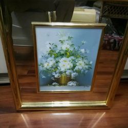 Vintage Still Life Floral Bouquet Daisy Flower Oil Painting Framed Nancy Lee