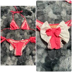 Sexy Pink Bikini Set With White Lace Trim Detail