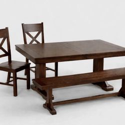 Dining table, bench, two chairs