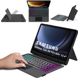 for 12.4 inch Samsung Galaxy Tab S9 FE+/S9+ Case with Detachable Keyboard : DIY 3-Zone 7 Colors Backlit Keyboard Cases with Touchpad - Tab S9 FE Plus/