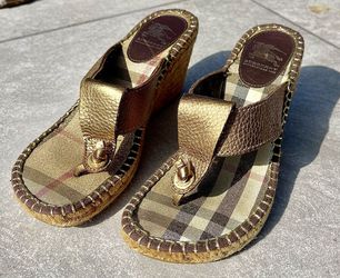 Burberry Metallic Gold Nova Check Espadrille Wedge Sandals (Women’s, Authentic)