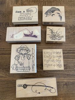 Fishing Wood Mounted Rubber Stamp Set Of 7