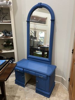 Vintage  Blue Vanity with Arched Mirror