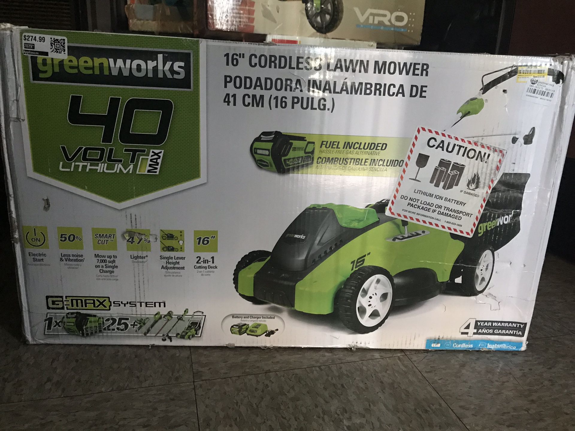 Green works 16” cordless lawn mower 40 volts lithium