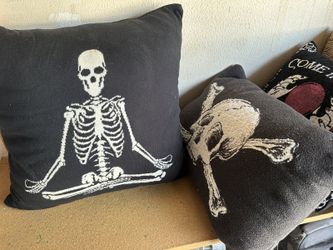 Halloween Decorations – Set of 2 Black Throw Pillows, Skeleton and Skull, Soft and Velvet