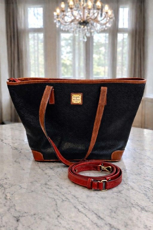 Dooney & Bourke Black Pebbled Leather Tote Brown Trim + NEW Red Leather Strap