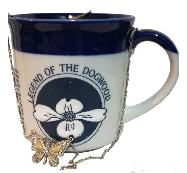 Valentines gift legend of dogwood mug with vintage butterfly necklace