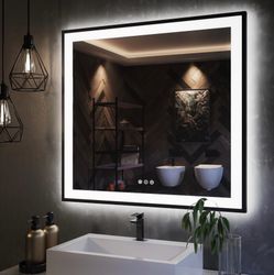 Framed LED Mirror For Bathroom 36"X36", Dimmable LED Bathroom Mirror With Lights, Anti-Fog, Front And Backlit Lighted Mirror 3-Colors, Shatterproof, M