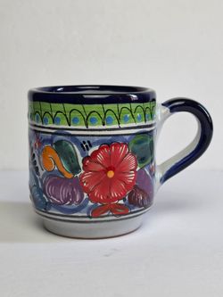 Talavera Mug Mexican Art Pottery Hand Painted Abstract Art Vibrant Signed