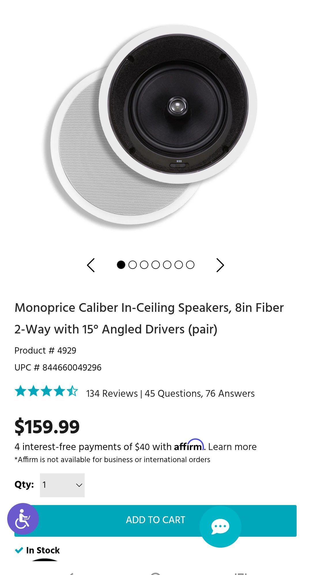 Monoprice MST 825a Caliber In-Ceiling Speakers, 8in Fiber 2-Way