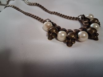 Goth Bronze Skull and Pearl Necklace