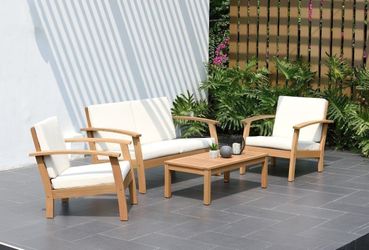 MODERN Patio Conversation Set – 4PC FSC Teak Finish | BRAND NEW | HEAVY DUTY COMMERCIAL GRADE | CLOSEOUT DEAL | DELIVERY AVAILABLE