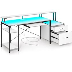 Rolanstar Computer Desk 59" with File Drawer, Gaming Desk with LED Light & Power Outlets, Home Office Desk with File Cabinet & Storage Shelves, with M