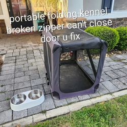 Broken Zipper Portable Dog Crate + Bonus Food/Water Bowl Set