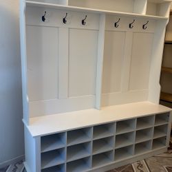 Large White Entryway Hall Tree w/ Bench, Hooks & Shoe Storage 