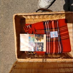 Leather And Wicker Basket Picnic Style And Faribo Wool 50x60 Blanket