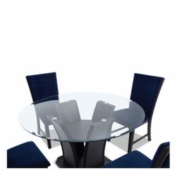 Cosmopolitan brown table with four navy blue chairs