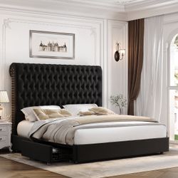 Queen Size Upholstered Storage Bed with Button Tufted Flannel Headboard, 4 Drawe