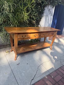 Vintage Solid Pine Console Table | 4 Drawers & Open Shelf | Rustic Farmhouse Sofa Table