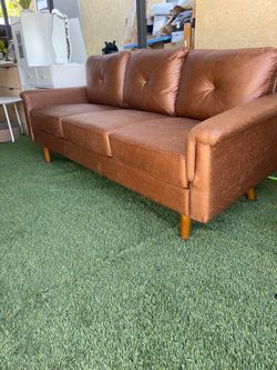 Brown Faux Leather Mid-Century Modern Sofa