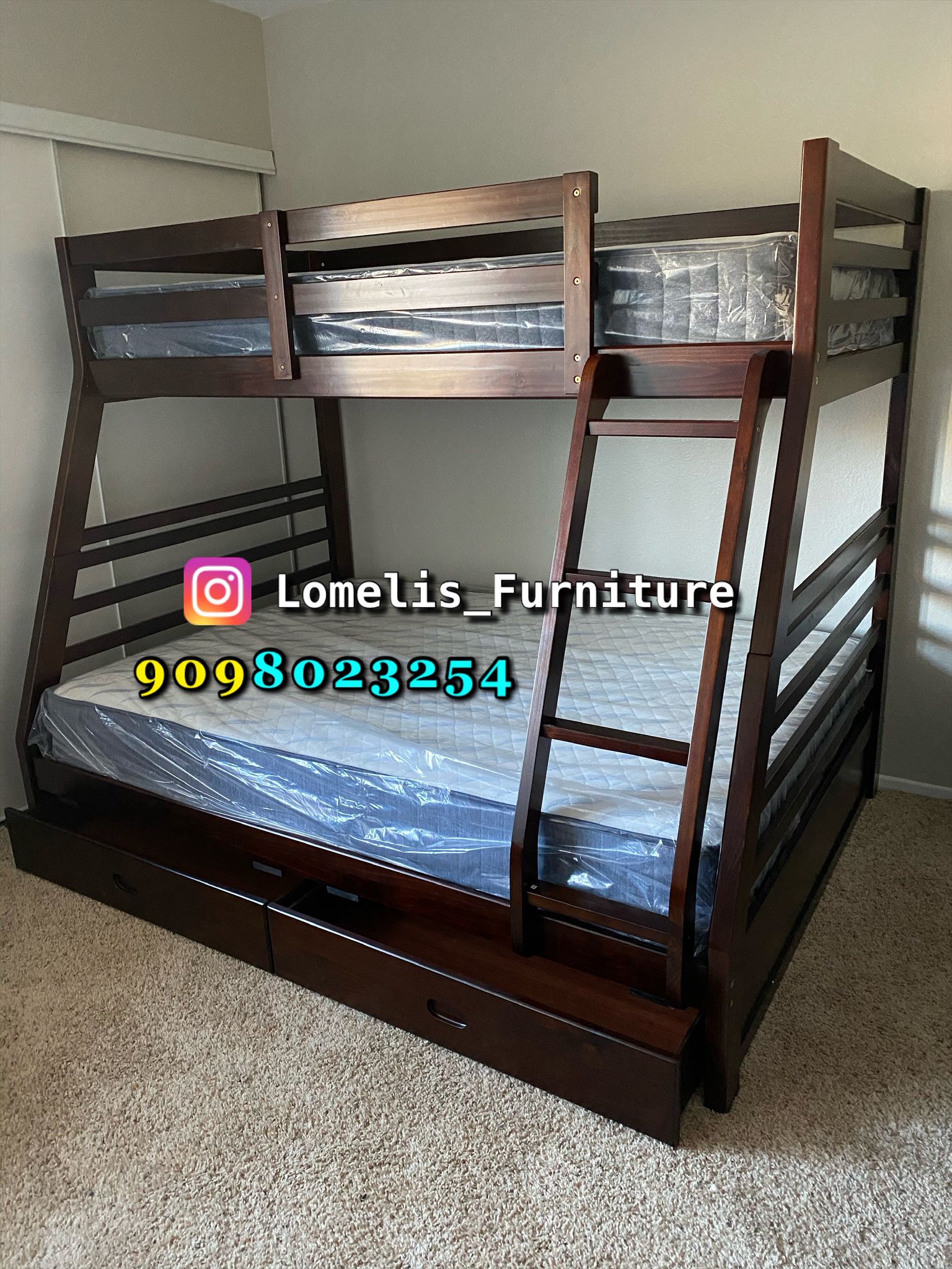 Twin/Full Expresso Bunk bed w. Drawers & Ortho Mattresses Included 