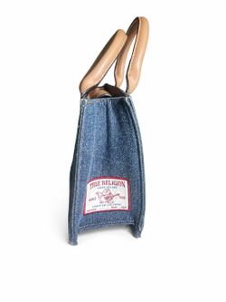 True Religion Denim Satchel Handbag Blue Tan Logo Stitching Top Handle Purse