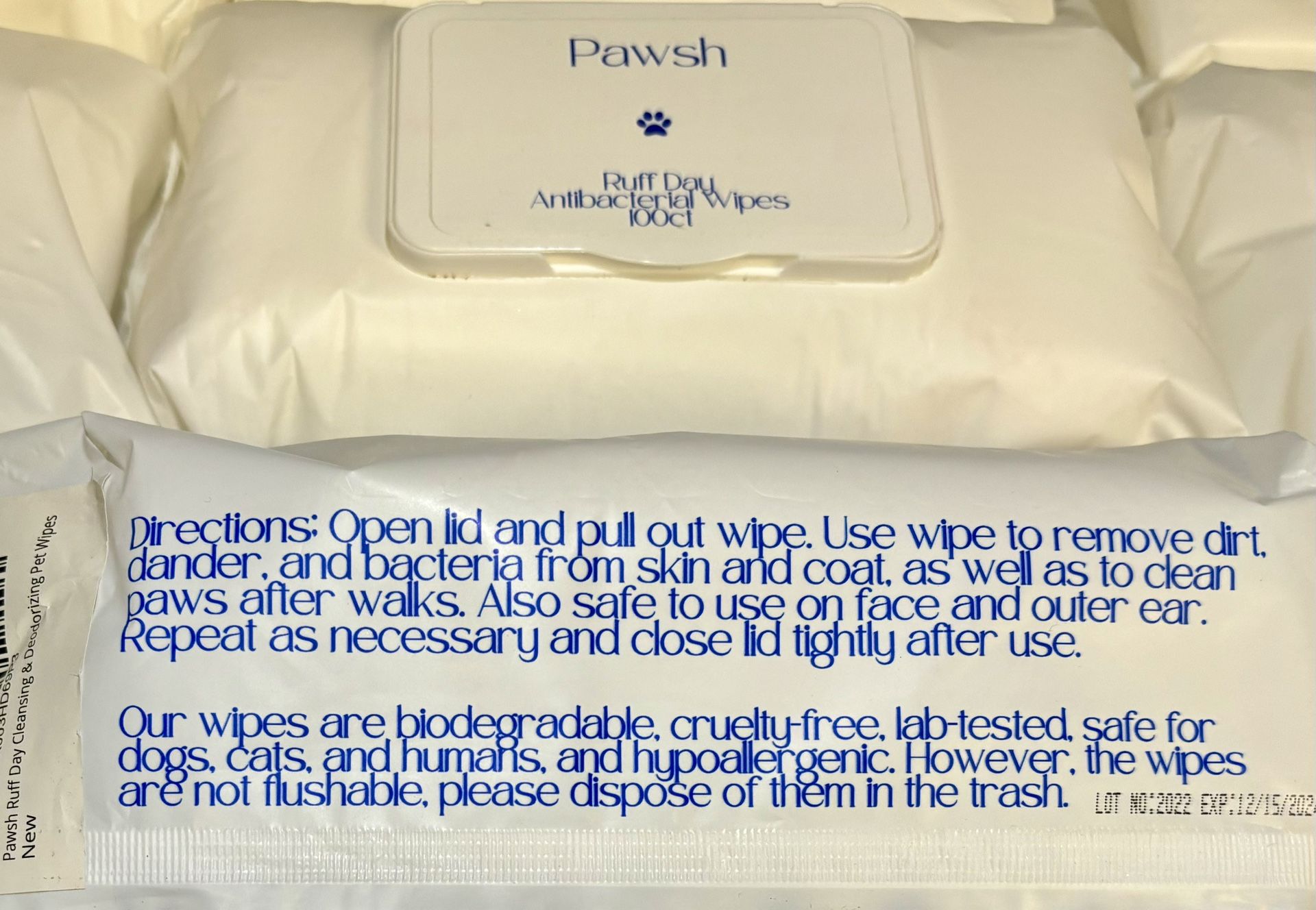 Pawsh Ruff Day Antibacterial Wipes 100 CT, Pet Grooming Wipes for Dogs, Cats, Humans