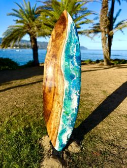 Surfboard Art Hawaiian Koa Wood 60.5 Inches Ocean Epoxy