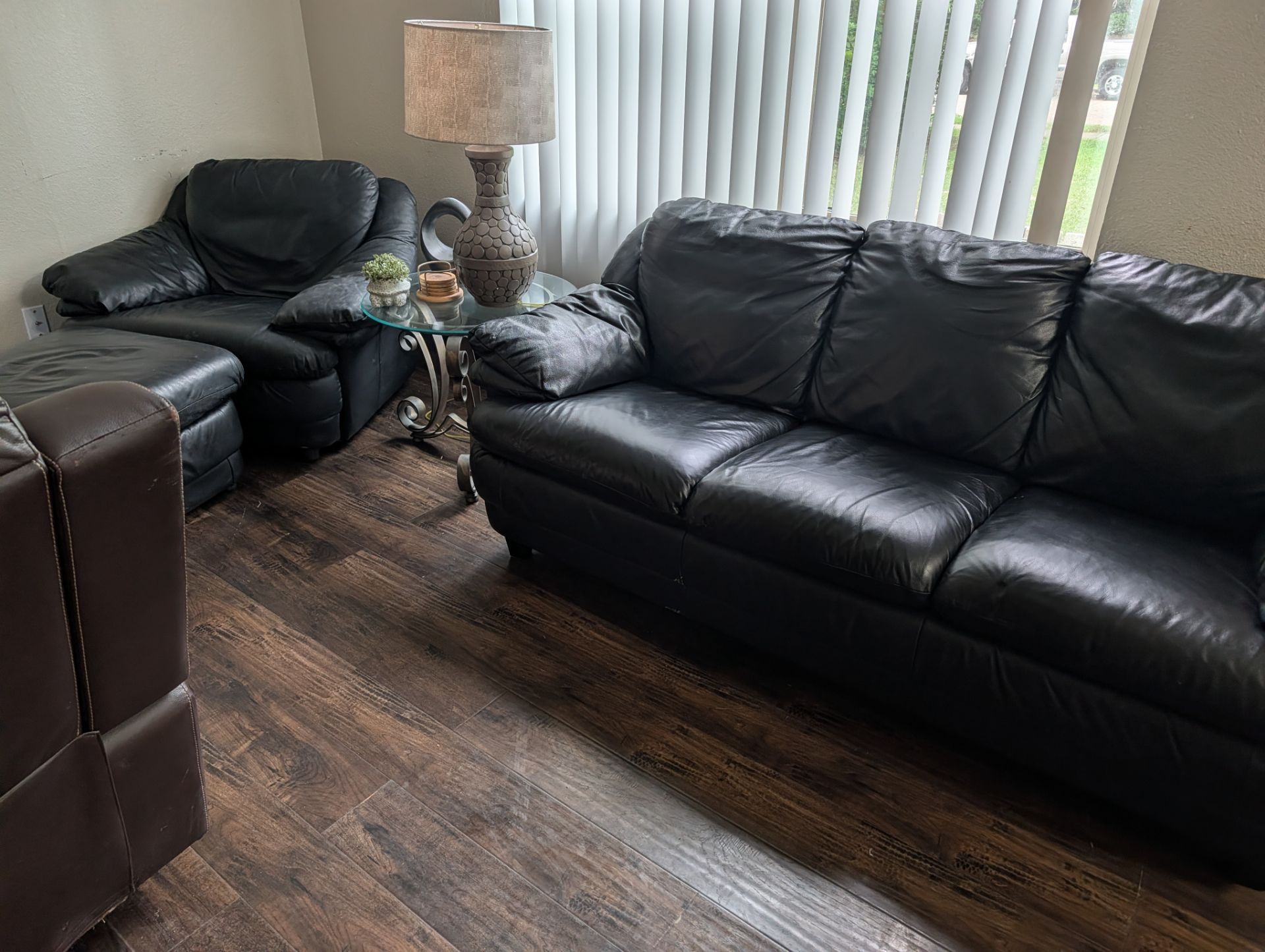Black leather set. Sofa, , chair and ottoman