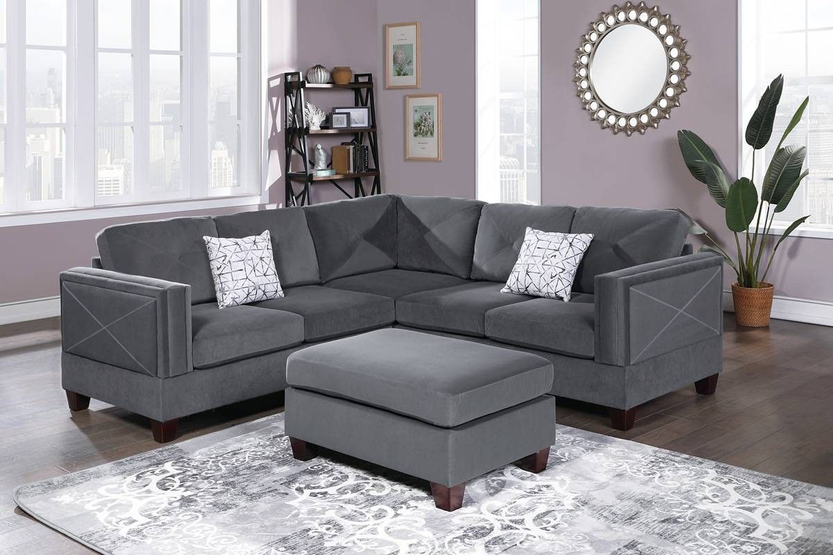 Dark Grey Velvet 3pcs Sectional Set w/2 Accent Pillows and Ottoman