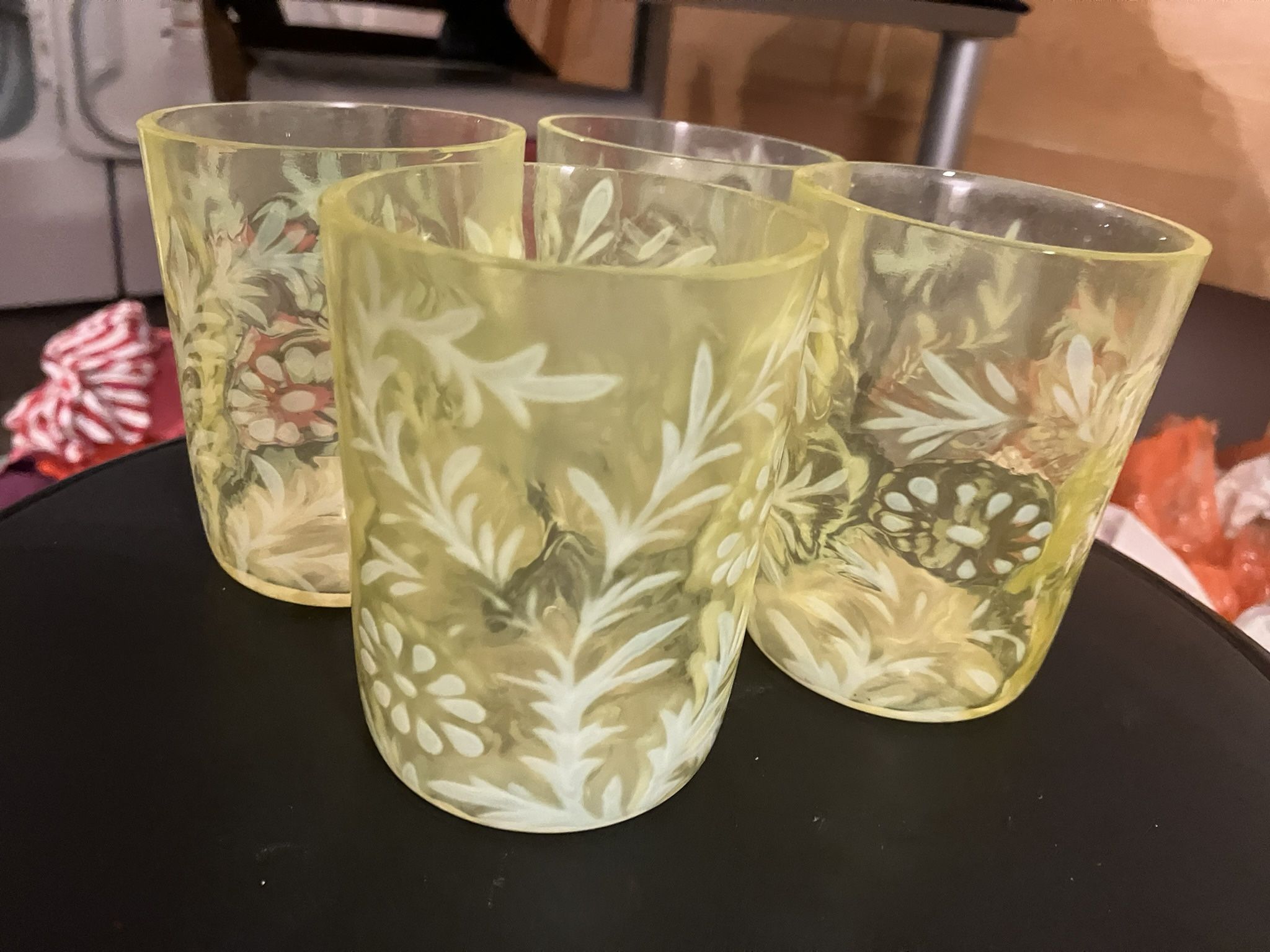 RARE ANTIQUE Tumbler NORTHWOOD FLORAL EYELET  Yellow Opalescent Glass set of 4