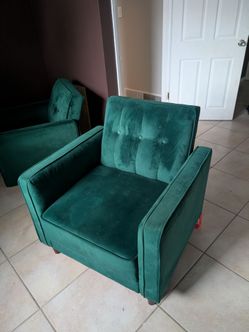 Pair Mid-Century Emerald Green Velvet Accent Chairs