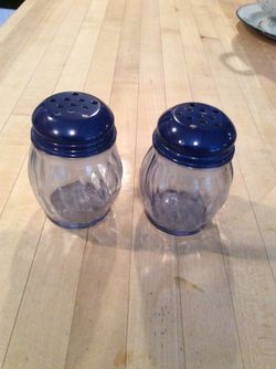 Pair Of Blueish  Tinted Glass Cheese Shakers With Metal Tops
