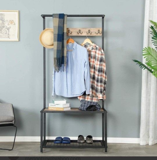 Industrial Coat Rack Shoe Bench Entryway Shelf (Solid Wood with Iron Frame)