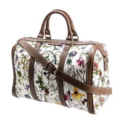 GUCCI Authentic Boston Bag White with print Flora and Leather trim
