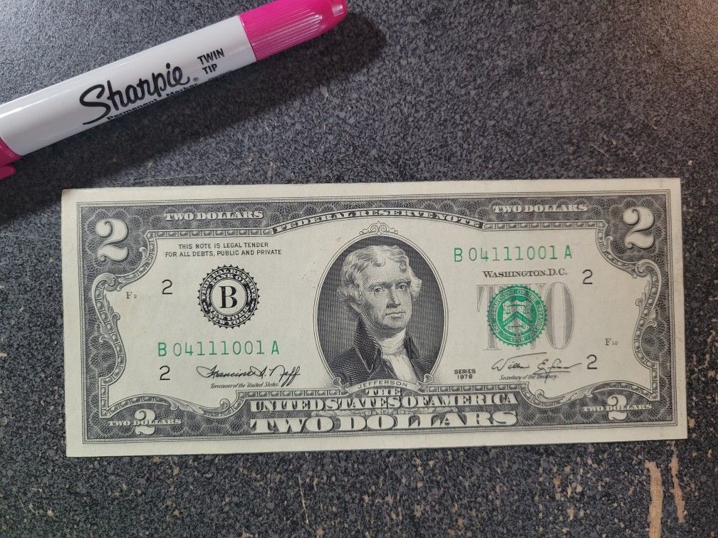 1976 $2 Bill, First Day Issue Note, Trinary Serial Number